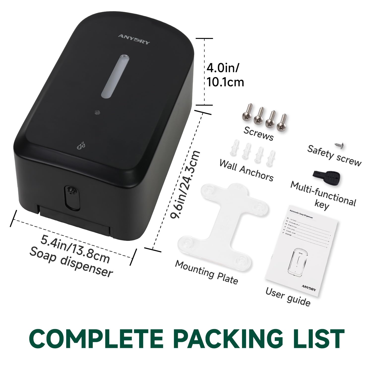 ANYDRY Commercial Automatic Soap Dispenser Large 34fl oz/1000ml Capacity Wall-Mounted Touchless Liquid Dispenser for High-Traffic Restrooms, Offices, Hospitals Model AD1220S