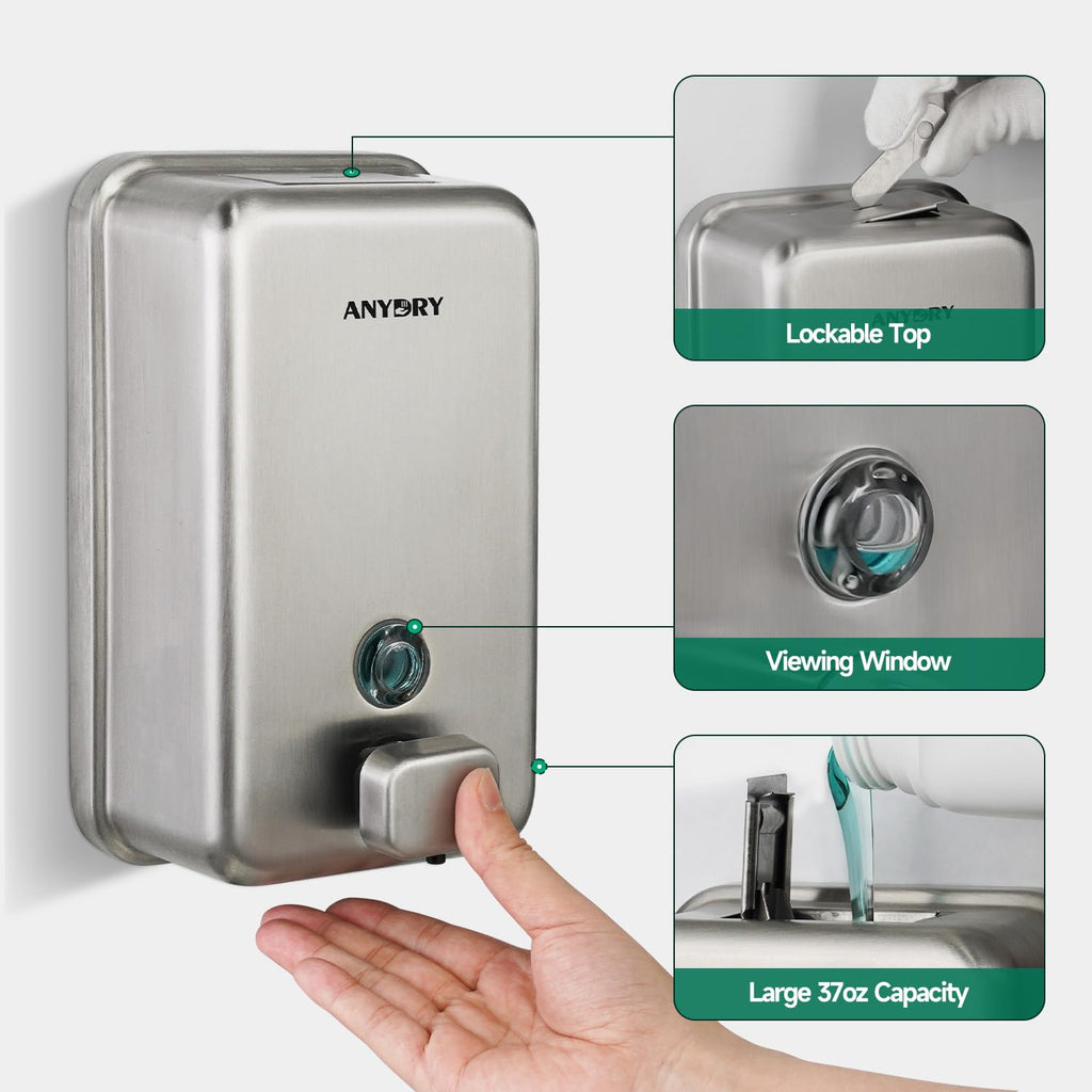 ANYDRY Commercial Wall Mounted Soap Dispenser 37fl oz 1100ml Large Capacity Brushed Stainless Steel Manual Dispenser for High Traffic Restrooms, Model AD1010