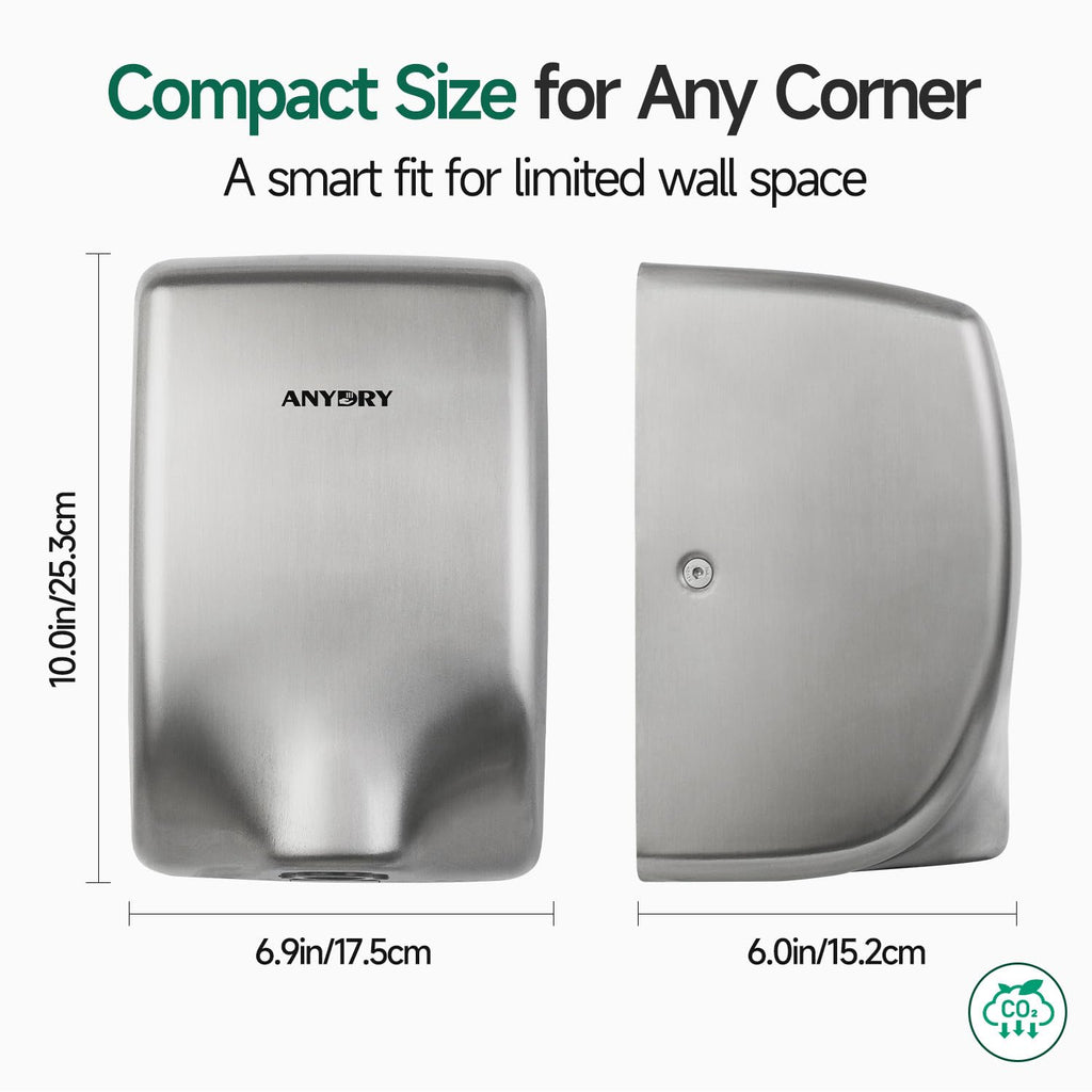 ANYDRY Compact Hand Dryer, High-Speed 1350W Airflow, Brushed Stainless Steel Finish, Space-Saving for Commercial & Home Use,Model AD2803Y