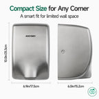 ANYDRY Compact Hand Dryer, High-Speed 1350W Airflow, Brushed Stainless Steel Finish, Space-Saving for Commercial & Home Use,Model AD2803Y