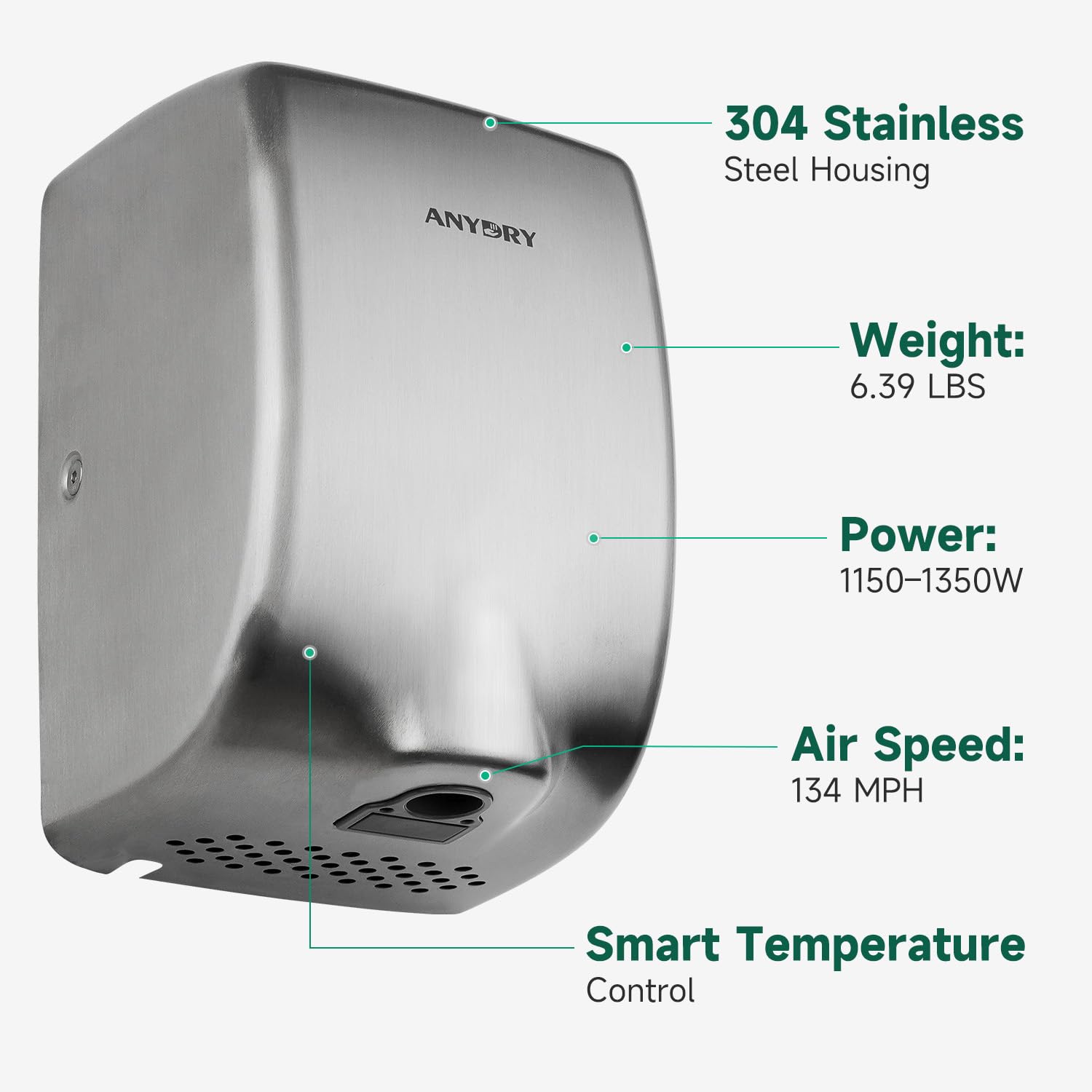 ANYDRY Compact Hand Dryer, High-Speed 1350W Airflow, Brushed Stainless Steel Finish, Space-Saving for Commercial & Home Use,Model AD2803Y