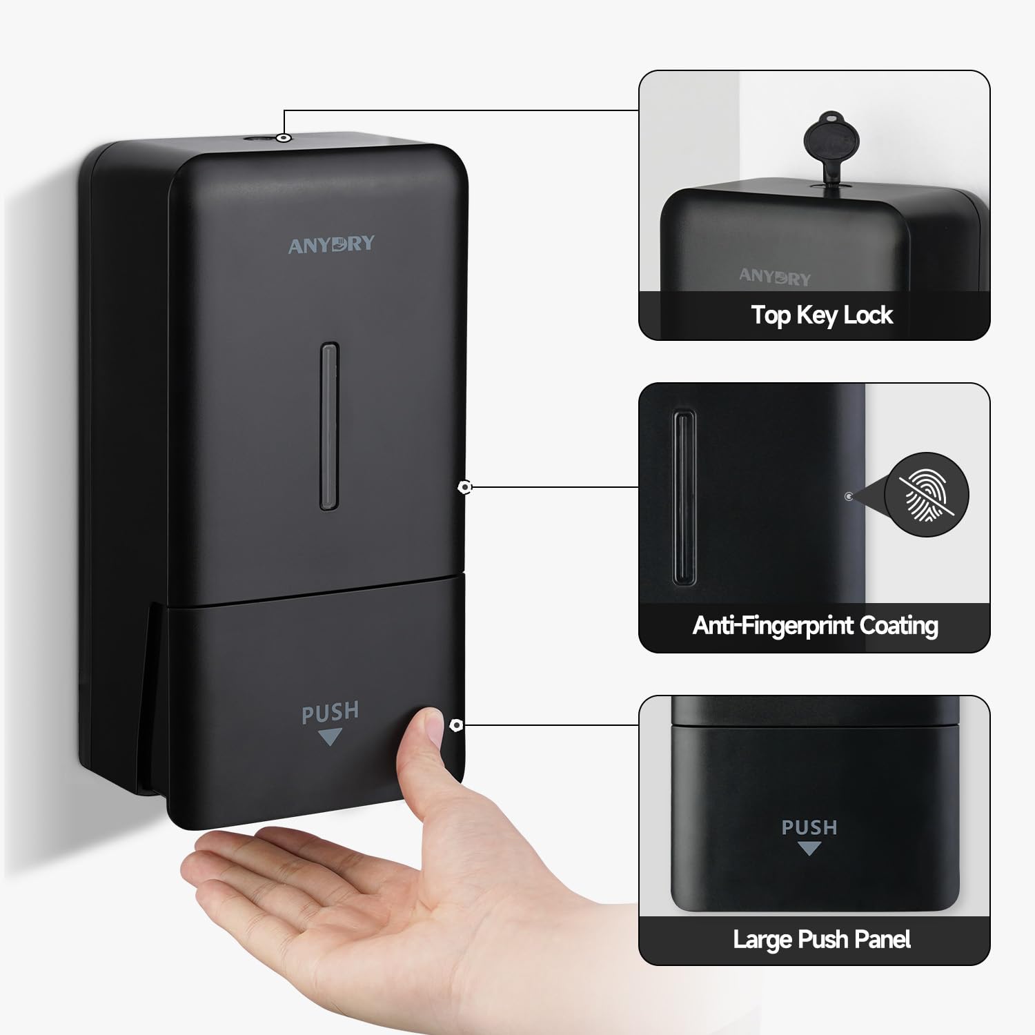 ANYDRY 27fl oz (800 ml) Manual Wall Mounted Soap Dispenser, Ideal for Commercial Bathrooms Restaurants Hotels, Use with Liquid Hand Soap Shampoo, Model AD1006