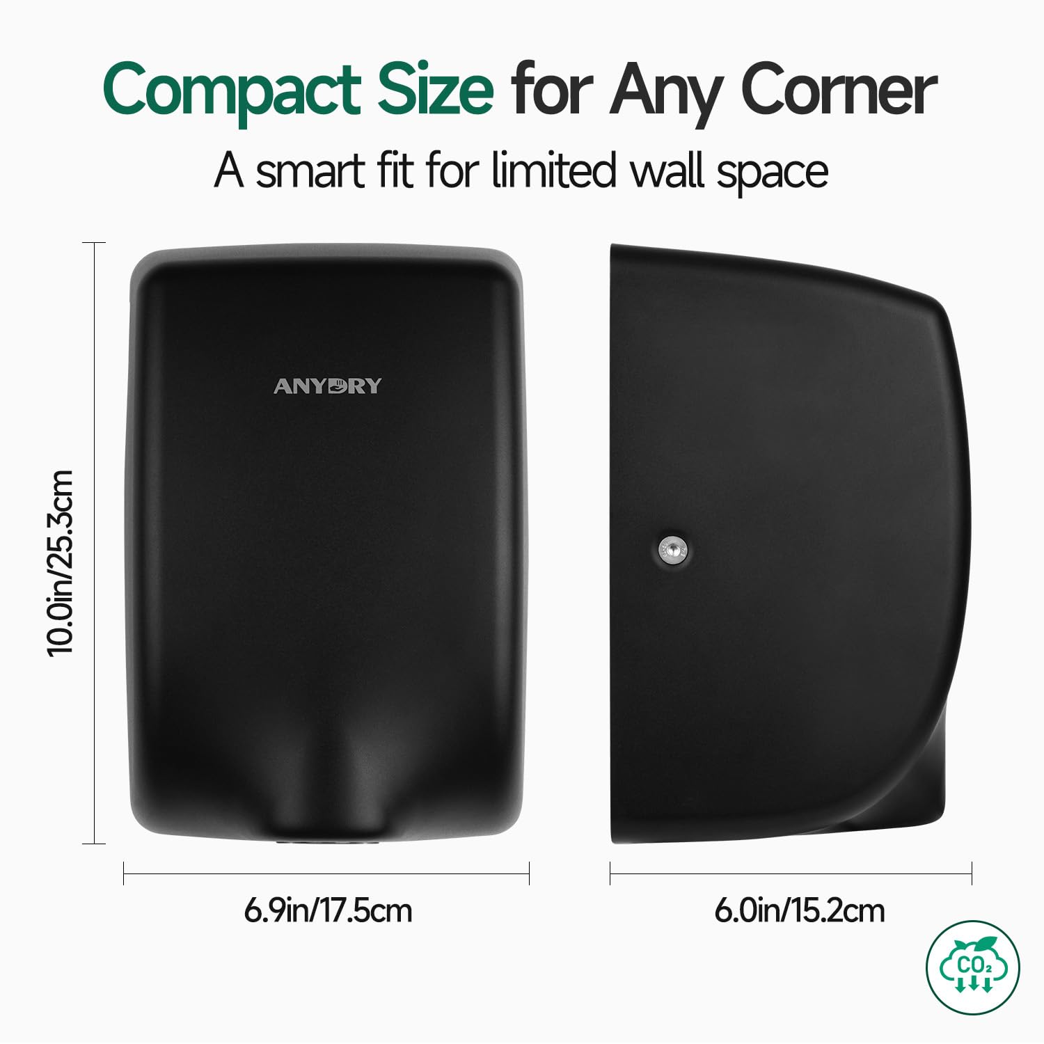 ANYDRY Compact Hand Dryer, High-Speed 1350W Airflow, Brushed Stainless Steel Finish, Space-Saving for Commercial & Home Use,Model AD2803Y