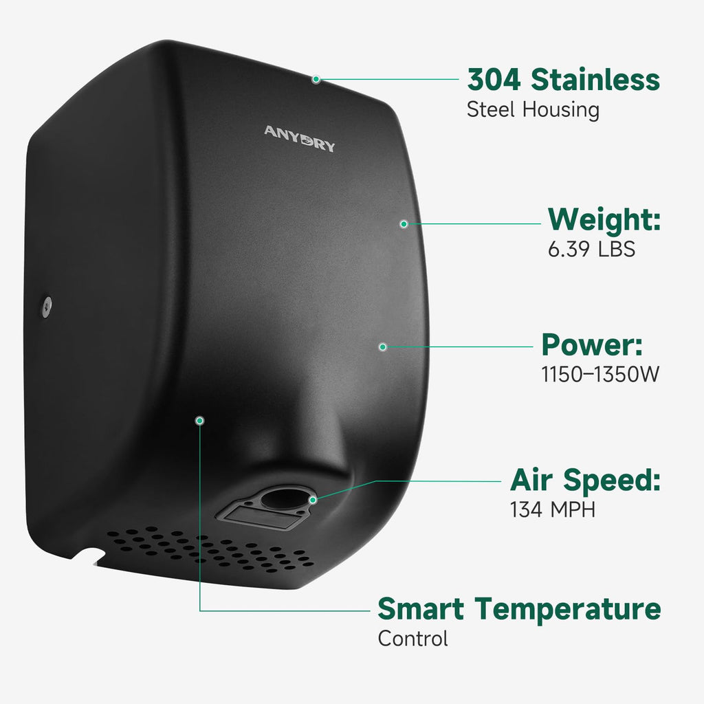 ANYDRY Compact Hand Dryer, High-Speed 1350W Airflow, Brushed Stainless Steel Finish, Space-Saving for Commercial & Home Use,Model AD2803Y