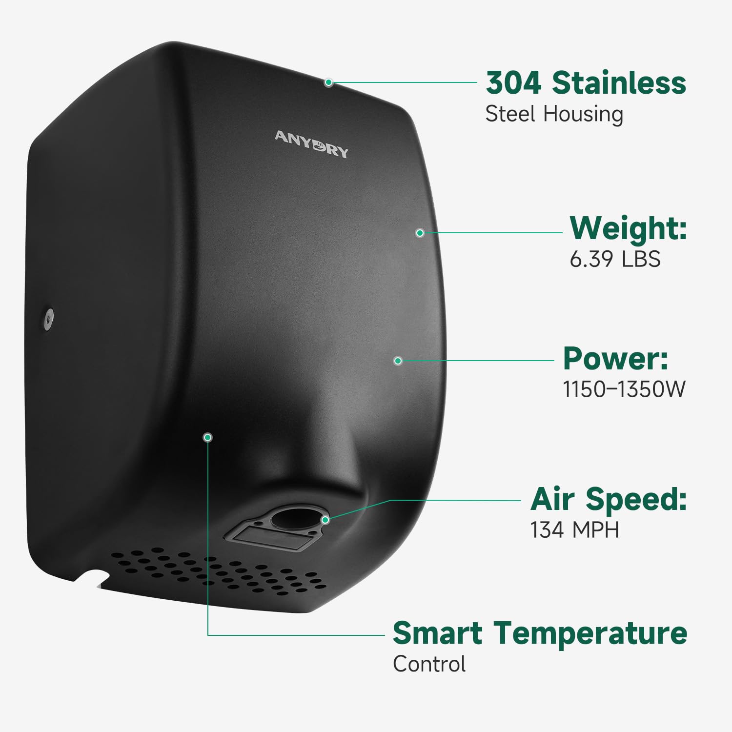 ANYDRY Compact Hand Dryer, High-Speed 1350W Airflow, Brushed Stainless Steel Finish, Space-Saving for Commercial & Home Use,Model AD2803Y