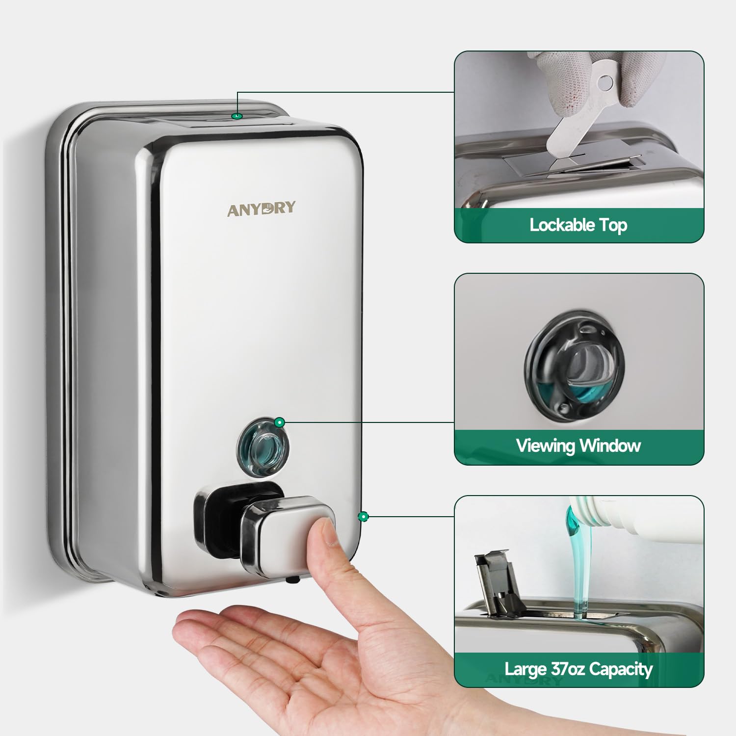 ANYDRY Commercial Wall Mounted Soap Dispenser 37fl oz 1100ml Large Capacity Brushed Stainless Steel Manual Dispenser for High Traffic Restrooms, Model AD1010