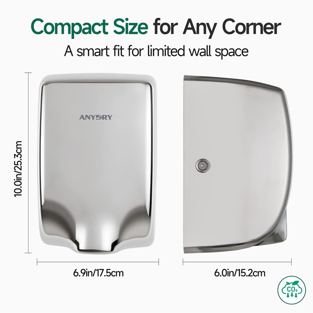 ANYDRY Compact Hand Dryer, High-Speed 1350W Airflow, Brushed Stainless Steel Finish, Space-Saving for Commercial & Home Use,Model AD2803Y