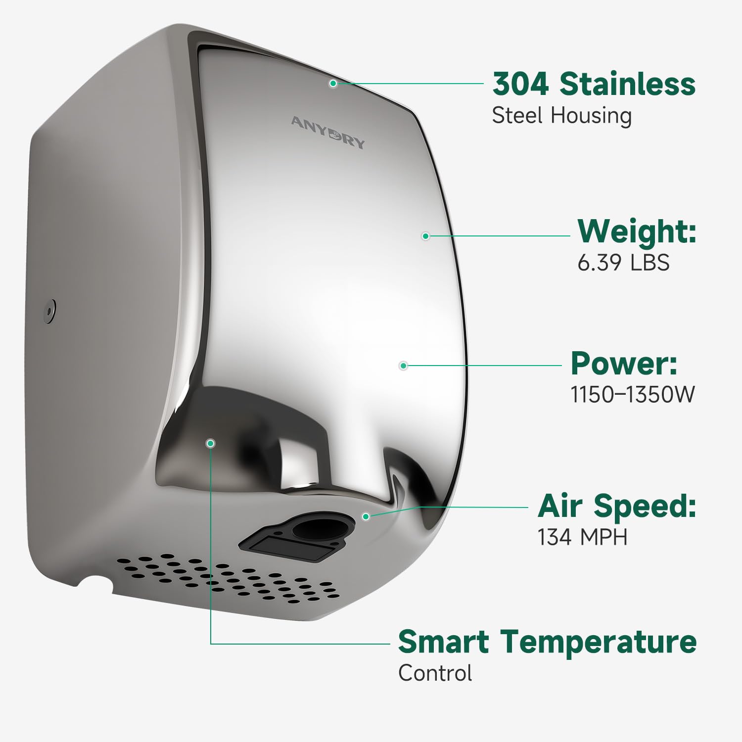 ANYDRY Compact Hand Dryer, High-Speed 1350W Airflow, Brushed Stainless Steel Finish, Space-Saving for Commercial & Home Use,Model AD2803Y