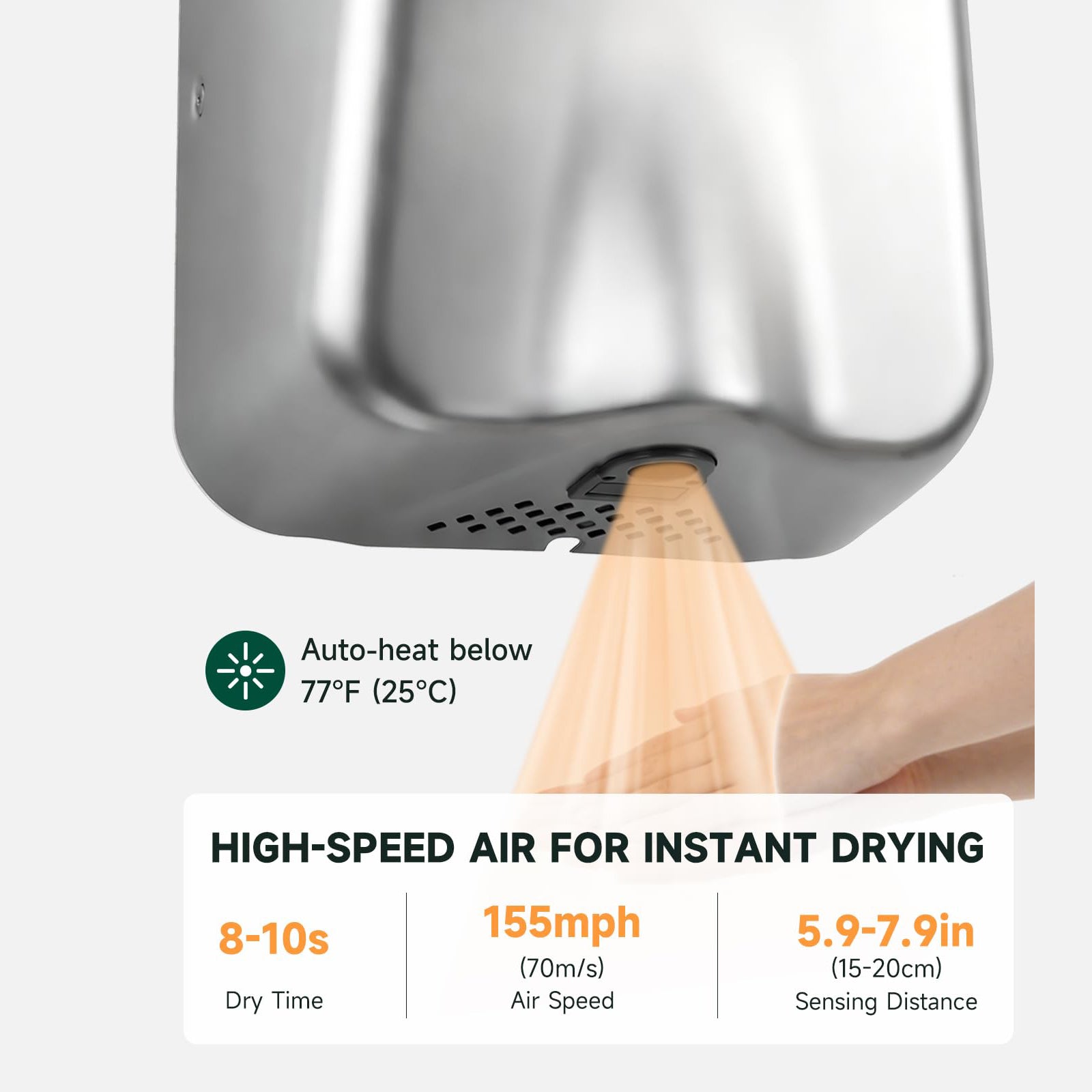 ANYDRY IronStorm Electric Hand Dryers for Bathrooms Commercial HEPA Filter High-Speed Brushed Stainless Steel Cover AC100–130V,Model AD2815