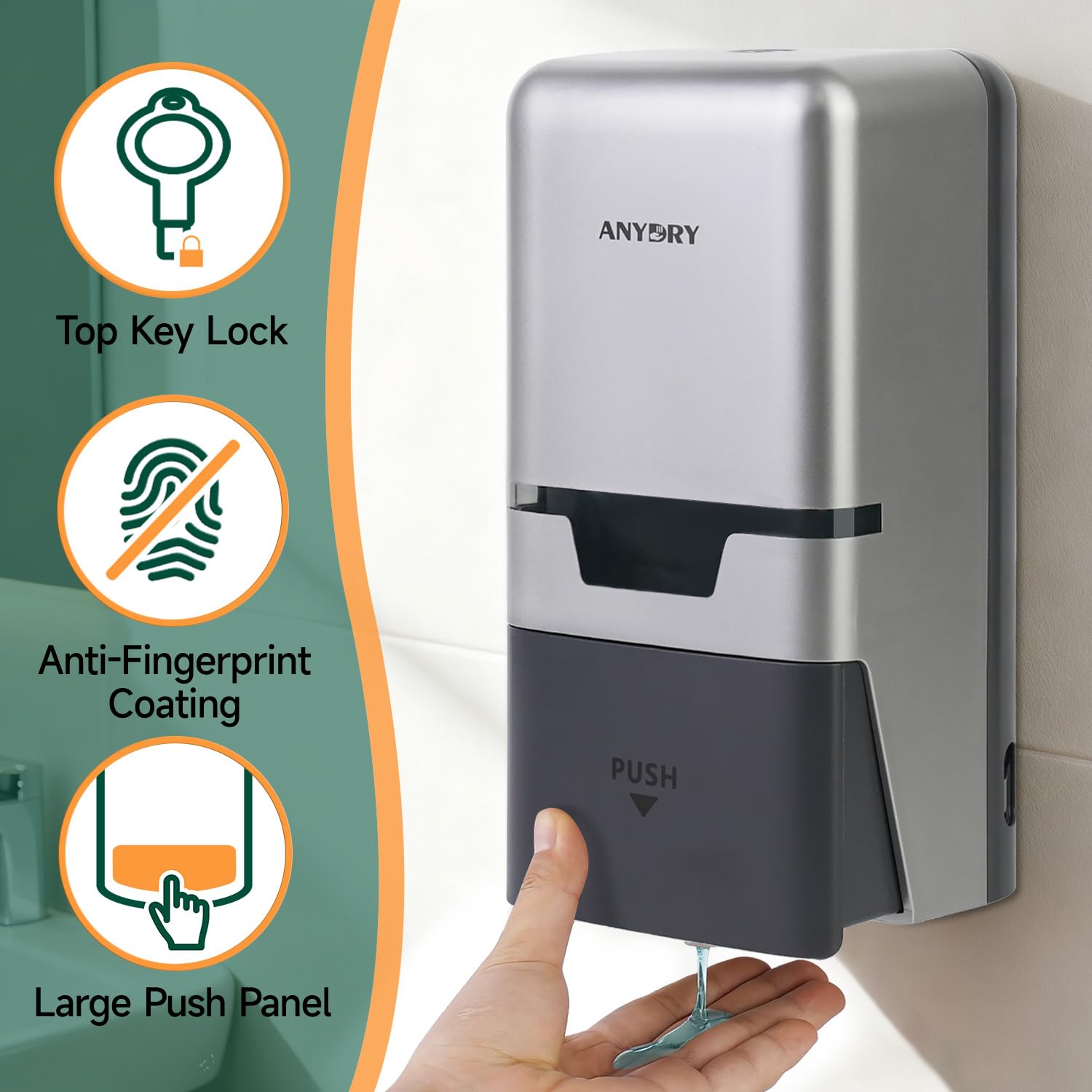 ANYDRY Manual Liquid Soap Dispenser Wall Mount, 27fl oz (800 ml) Large Capacity for Commercial Bathroom, Model AD1009