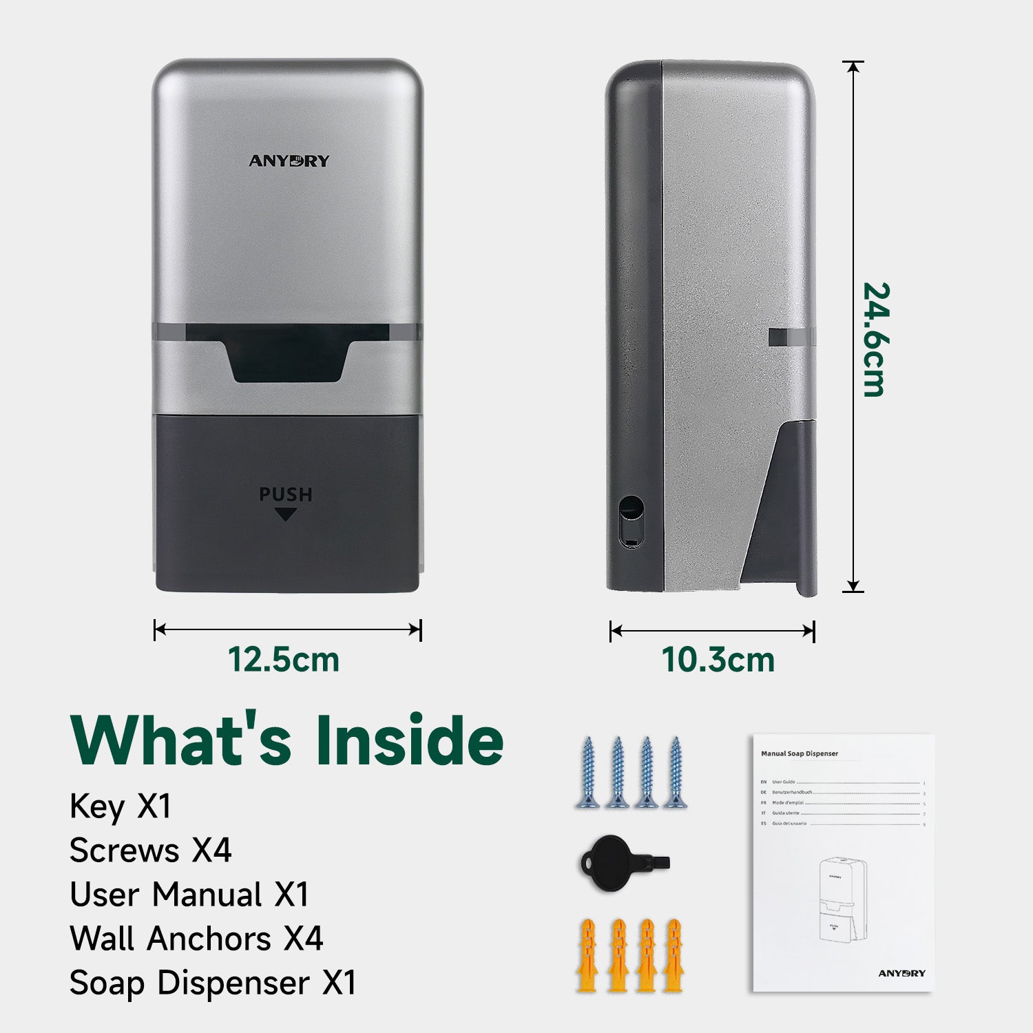 ANYDRY Manual Liquid Soap Dispenser Wall Mount, 27fl oz (800 ml) Large Capacity for Commercial Bathroom, Model AD1009