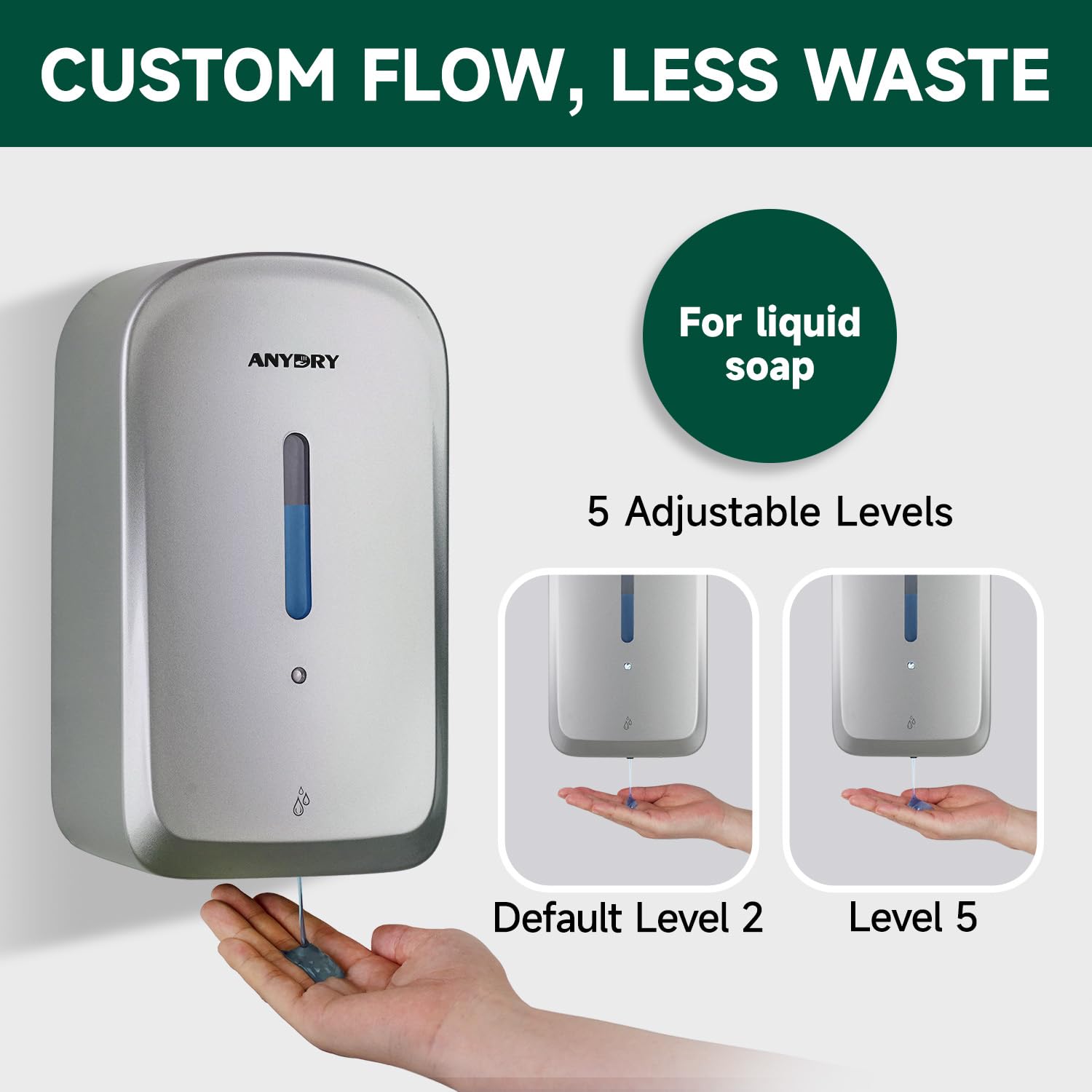 ANYDRY Commercial Automatic Soap Dispenser Large 34fl oz/1000ml Capacity Wall-Mounted Touchless Liquid Dispenser for High-Traffic Restrooms, Offices, Hospitals Model AD1220S