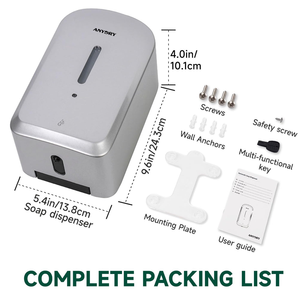ANYDRY Commercial Automatic Soap Dispenser Large 34fl oz/1000ml Capacity Wall-Mounted Touchless Liquid Dispenser for High-Traffic Restrooms, Offices, Hospitals Model AD1220S