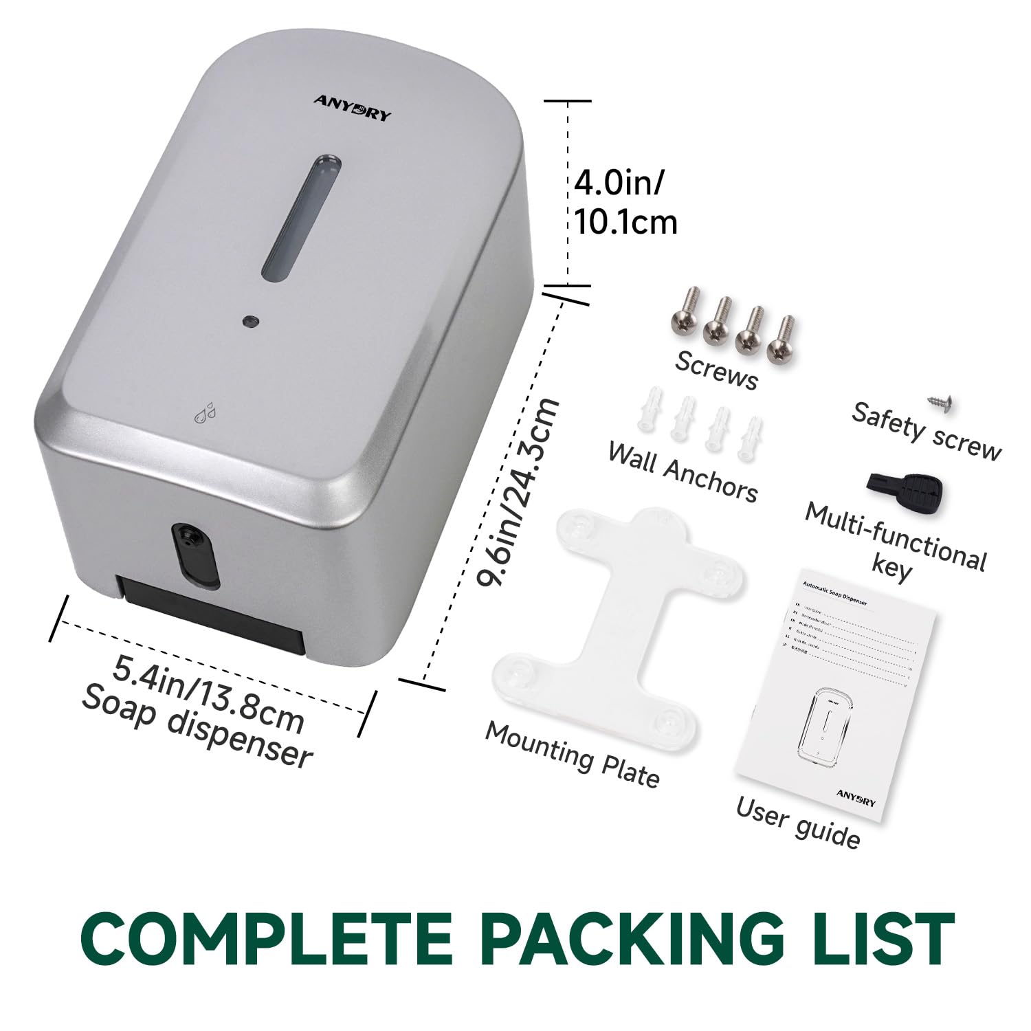 ANYDRY Commercial Automatic Soap Dispenser Large 34fl oz/1000ml Capacity Wall-Mounted Touchless Liquid Dispenser for High-Traffic Restrooms, Offices, Hospitals Model AD1220S